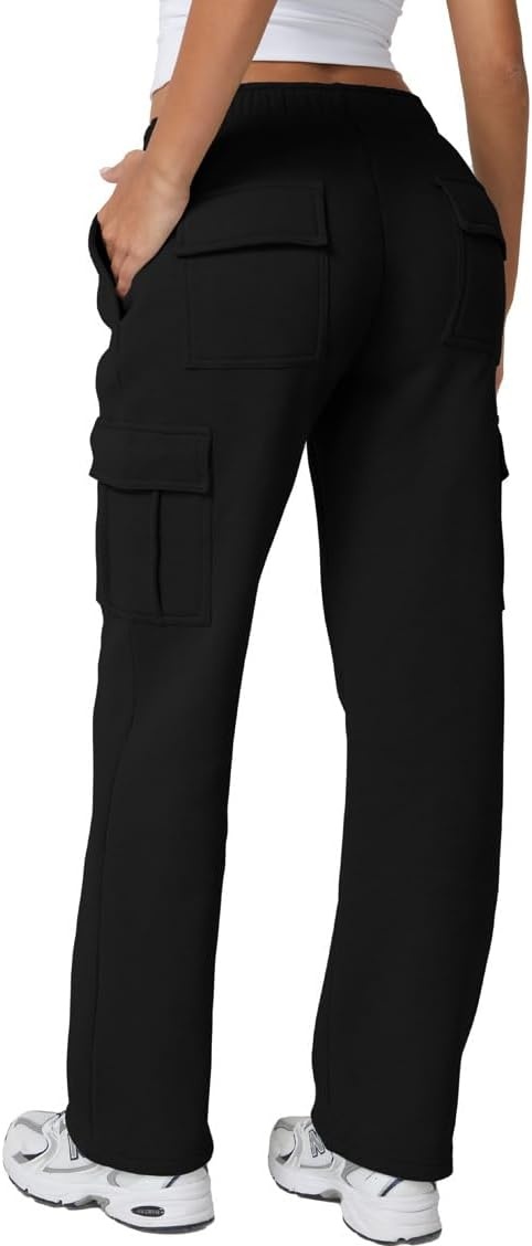 image:imageQINSEN Womens Elastic Medium Waist Pocket Sweatpants Fleece Cargo PantsBlack