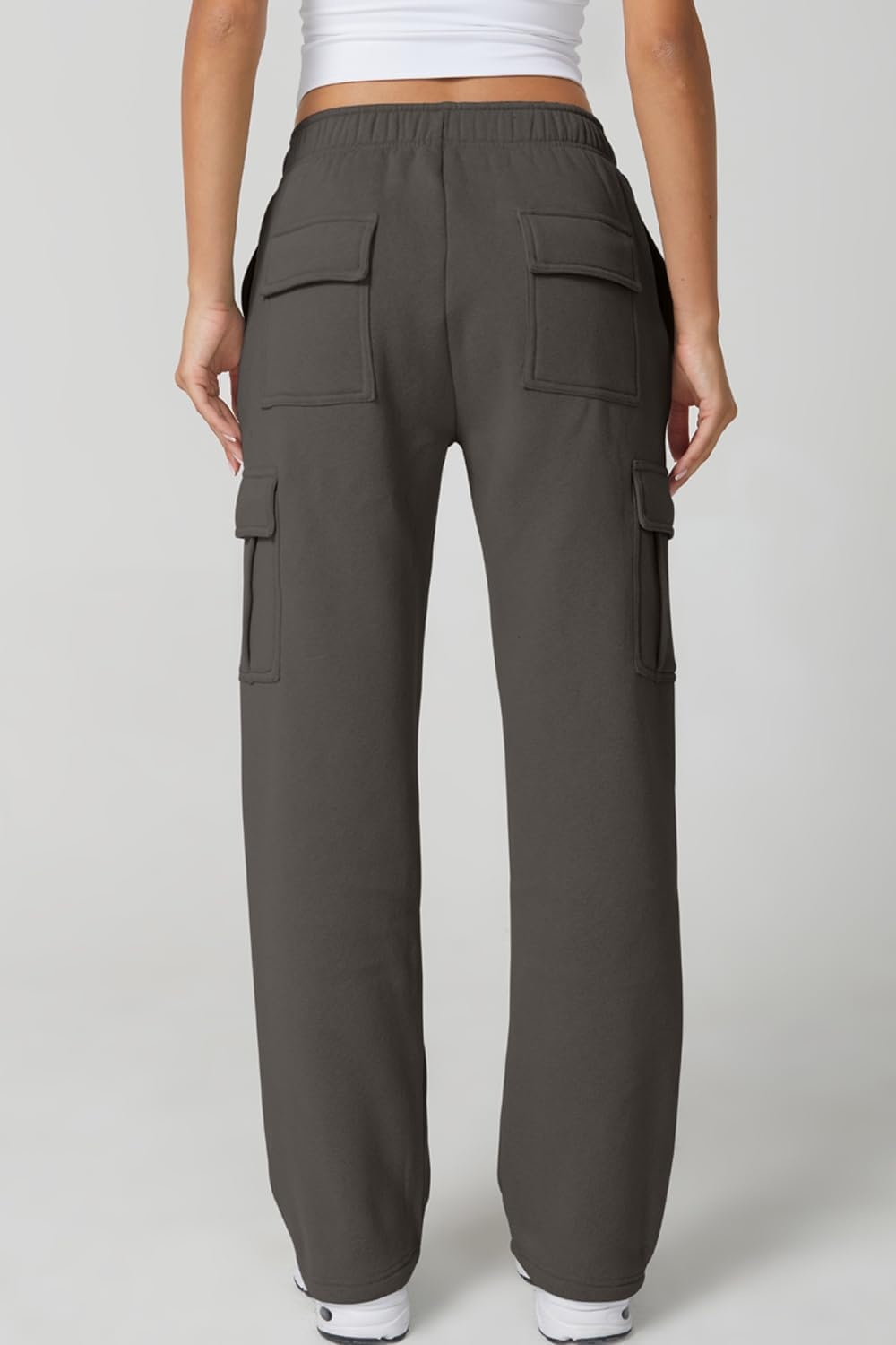 image:imageQINSEN Womens Elastic Medium Waist Pocket Sweatpants Fleece Cargo PantsCharcoal Grey