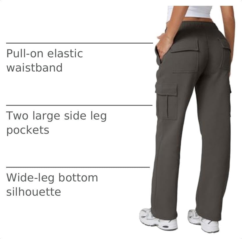 image:imageQINSEN Womens Elastic Medium Waist Pocket Sweatpants Fleece Cargo PantsCharcoal Grey
