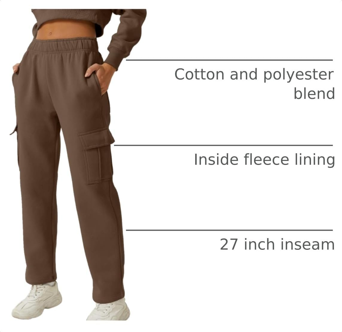 image:imageQINSEN Womens Elastic Medium Waist Pocket Sweatpants Fleece Cargo PantsChestnut