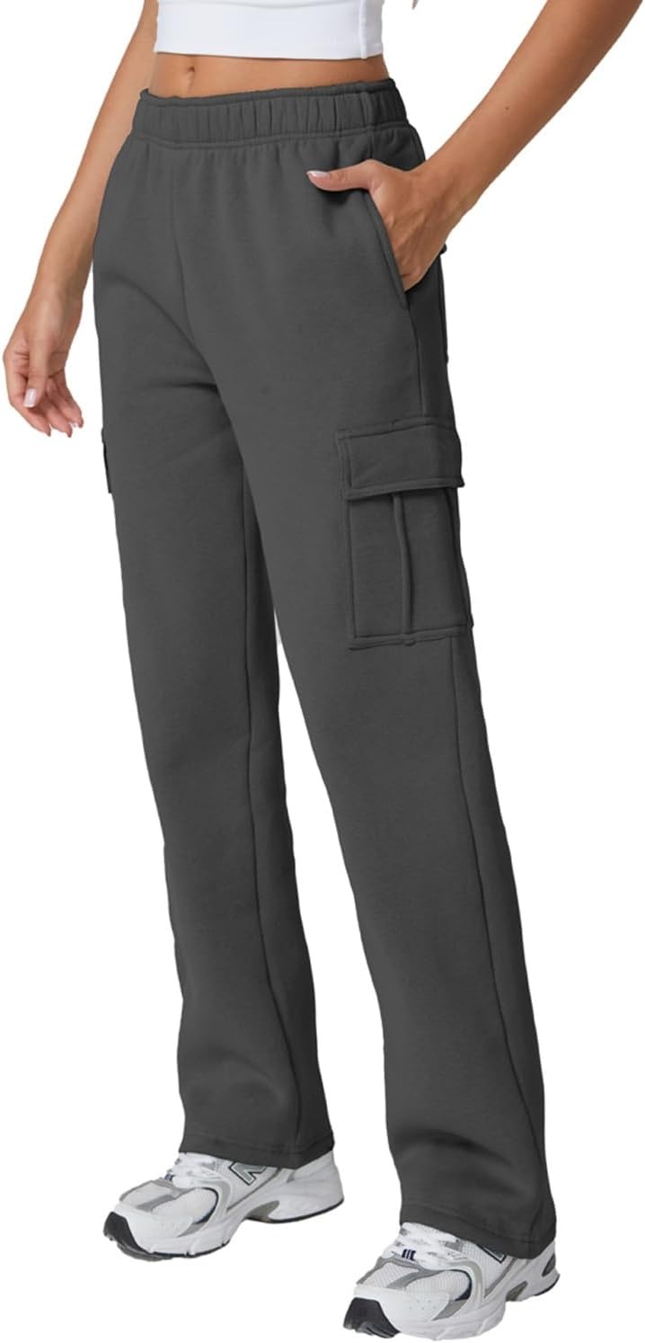 image:imageQINSEN Womens Elastic Medium Waist Pocket Sweatpants Fleece Cargo PantsDark Grey