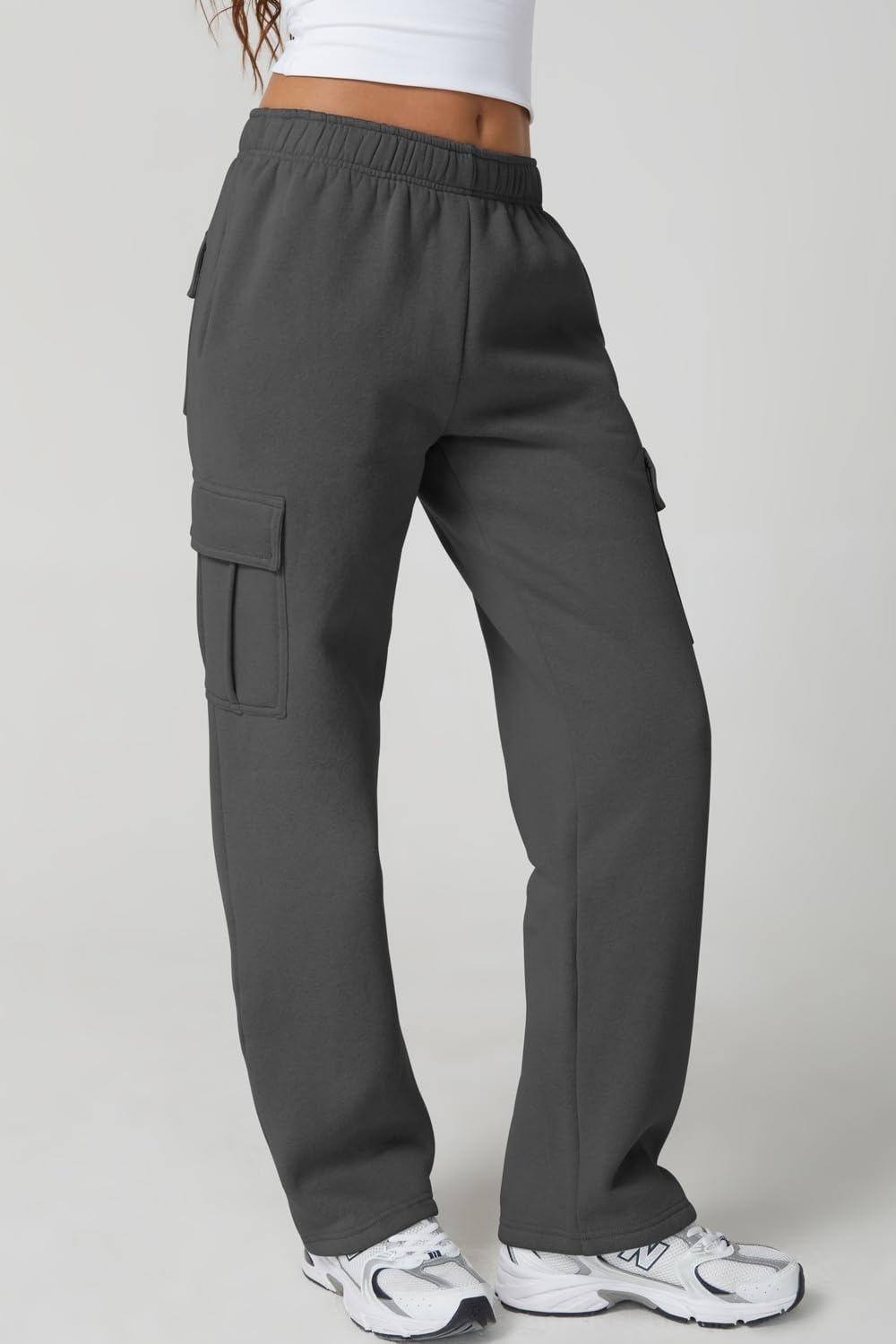 image:imageQINSEN Womens Elastic Medium Waist Pocket Sweatpants Fleece Cargo PantsDark Grey