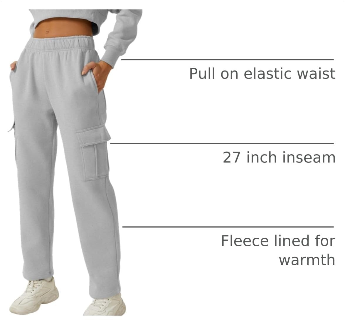 image:imageQINSEN Womens Elastic Medium Waist Pocket Sweatpants Fleece Cargo PantsGrey