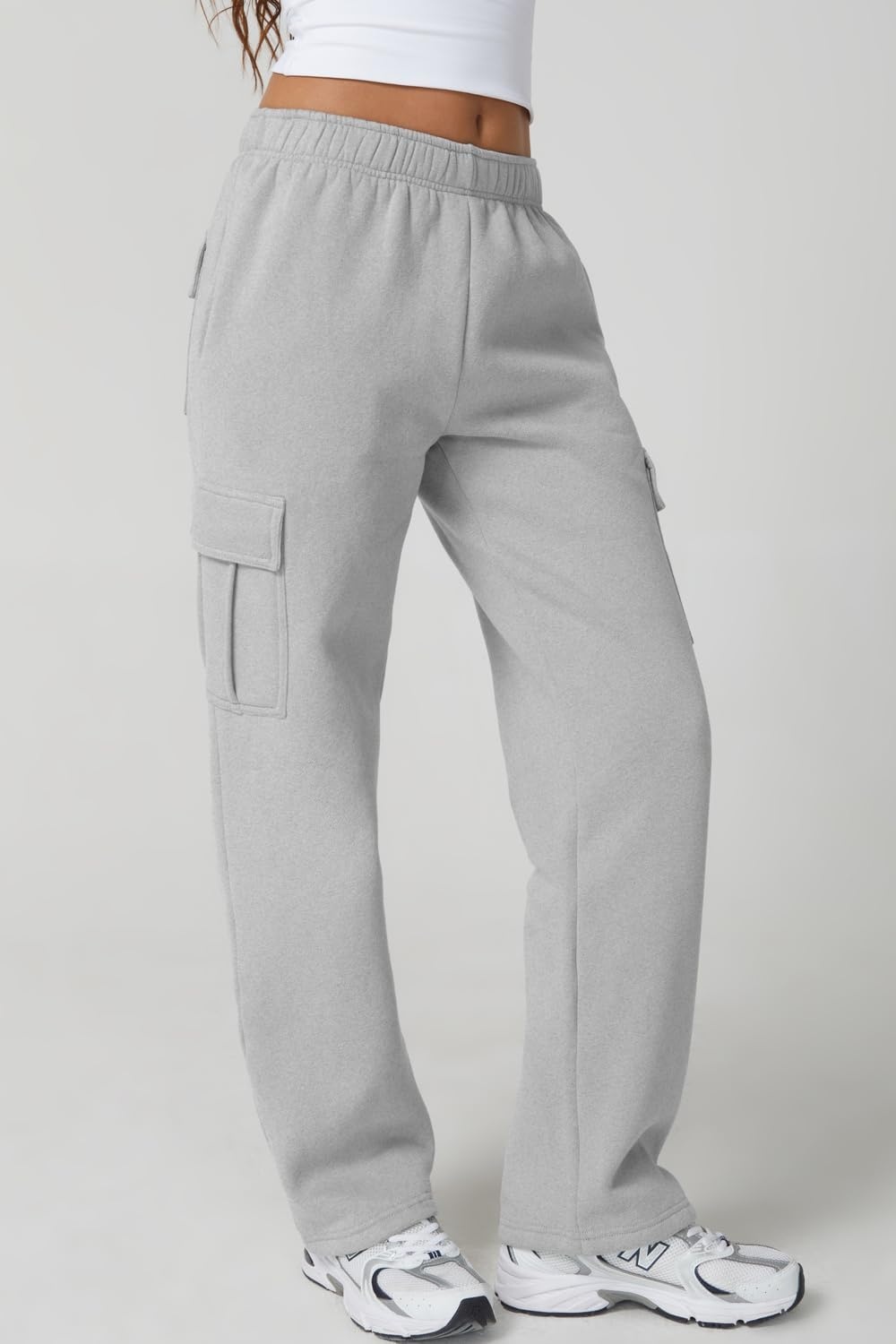 image:imageQINSEN Womens Elastic Medium Waist Pocket Sweatpants Fleece Cargo PantsGrey