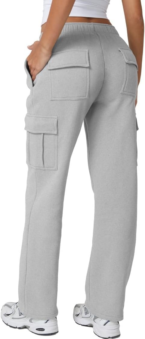 image:imageQINSEN Womens Elastic Medium Waist Pocket Sweatpants Fleece Cargo PantsGrey