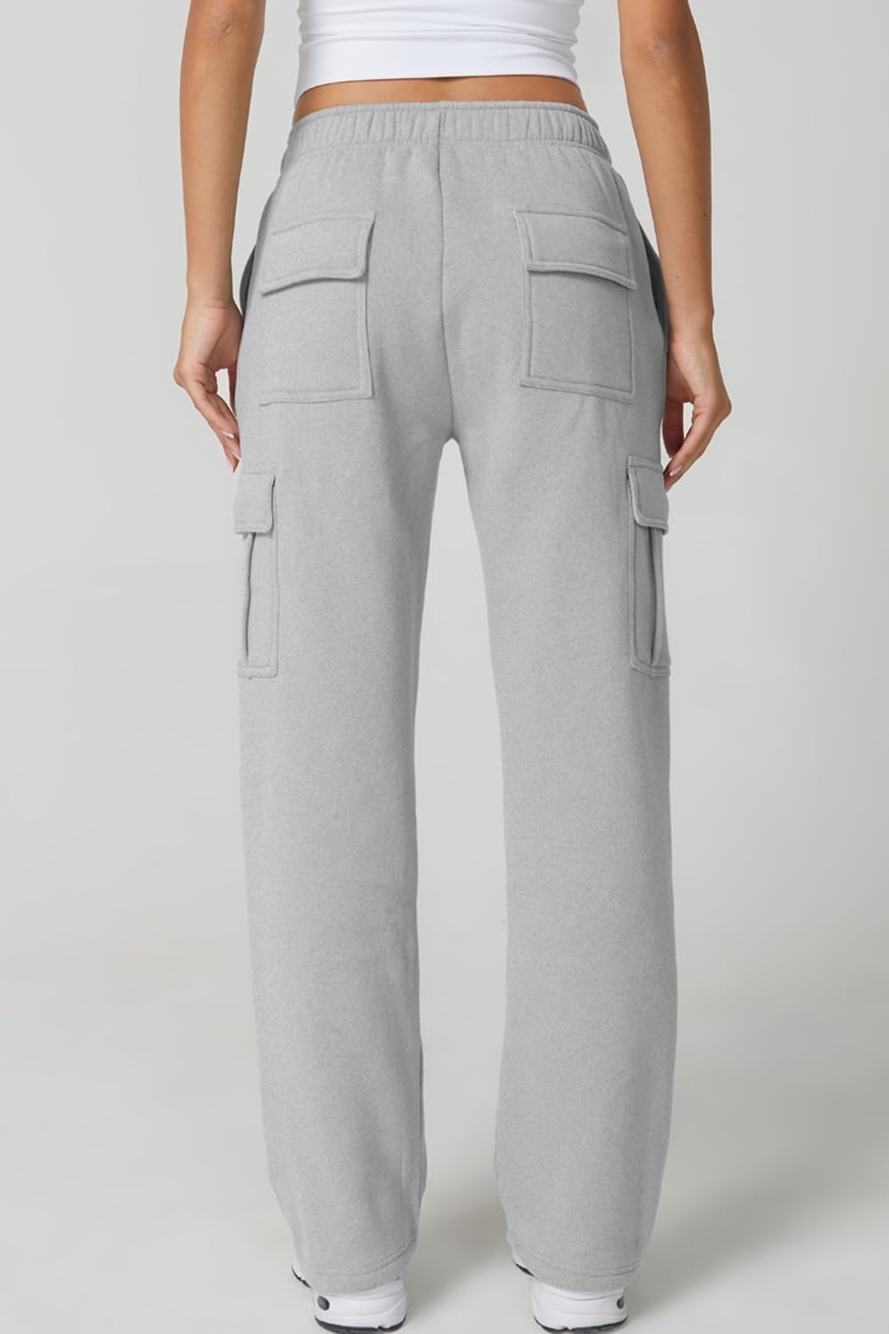 image:imageQINSEN Womens Elastic Medium Waist Pocket Sweatpants Fleece Cargo PantsGrey