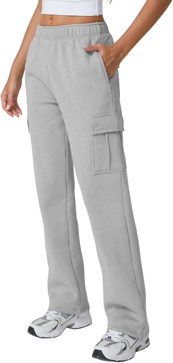 image:imageQINSEN Womens Elastic Medium Waist Pocket Sweatpants Fleece Cargo PantsGrey