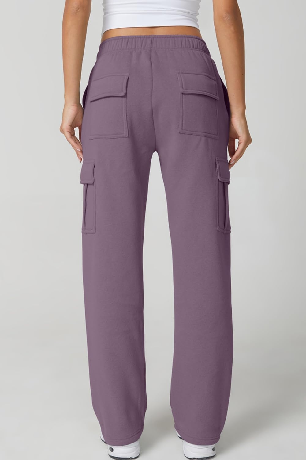 image:imageQINSEN Womens Elastic Medium Waist Pocket Sweatpants Fleece Cargo PantsLavender