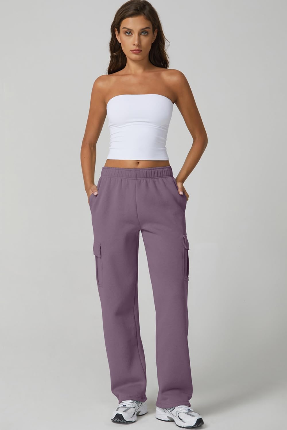 image:imageQINSEN Womens Elastic Medium Waist Pocket Sweatpants Fleece Cargo PantsLavender