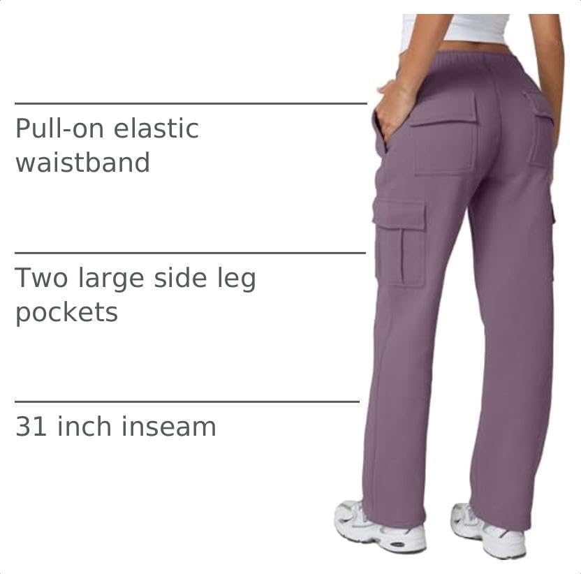 image:imageQINSEN Womens Elastic Medium Waist Pocket Sweatpants Fleece Cargo PantsLavender
