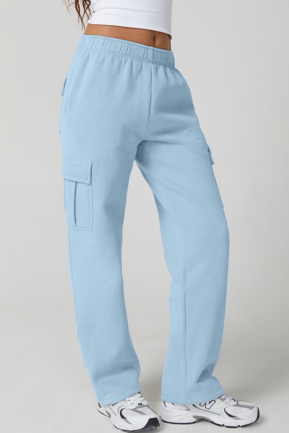 image:imageQINSEN Womens Elastic Medium Waist Pocket Sweatpants Fleece Cargo PantsLight Blue
