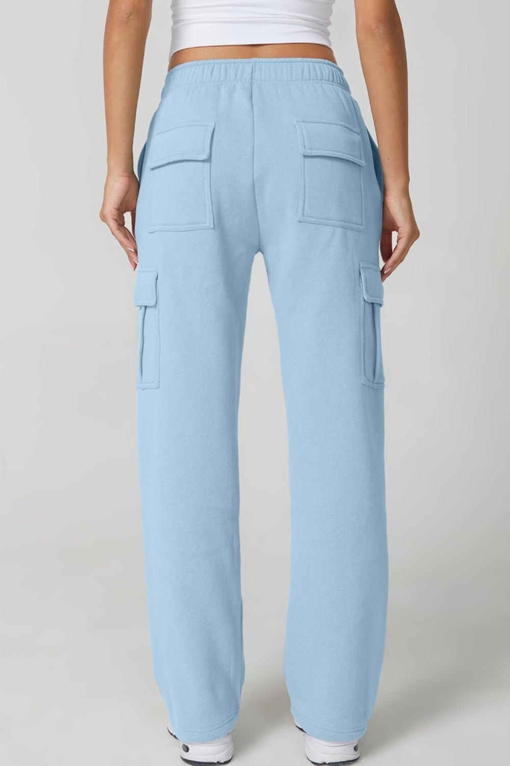 image:imageQINSEN Womens Elastic Medium Waist Pocket Sweatpants Fleece Cargo PantsLight Blue