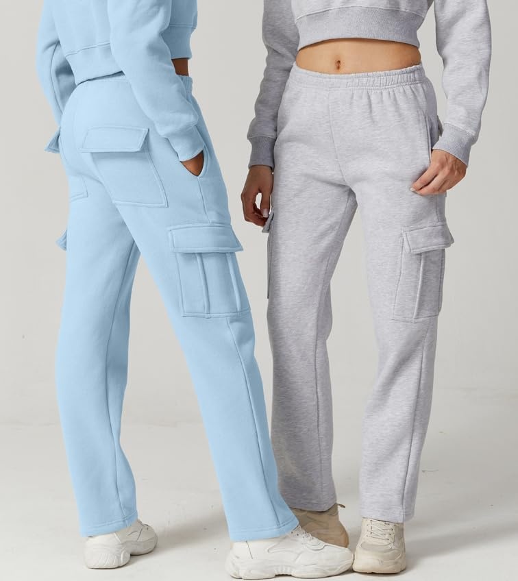 image:imageQINSEN Womens Elastic Medium Waist Pocket Sweatpants Fleece Cargo PantsLight Blue