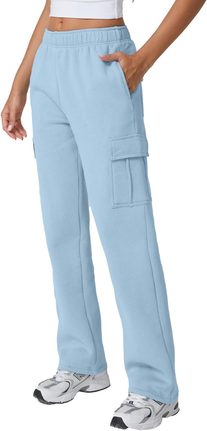 image:imageQINSEN Womens Elastic Medium Waist Pocket Sweatpants Fleece Cargo PantsLight Blue