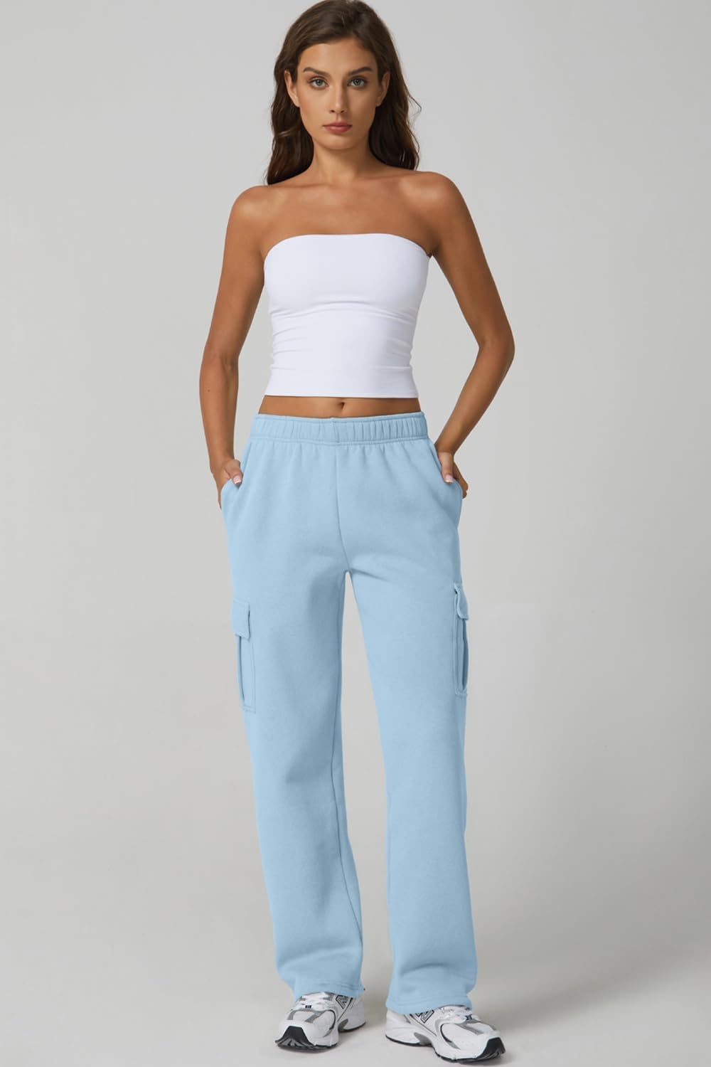 image:imageQINSEN Womens Elastic Medium Waist Pocket Sweatpants Fleece Cargo PantsLight Blue