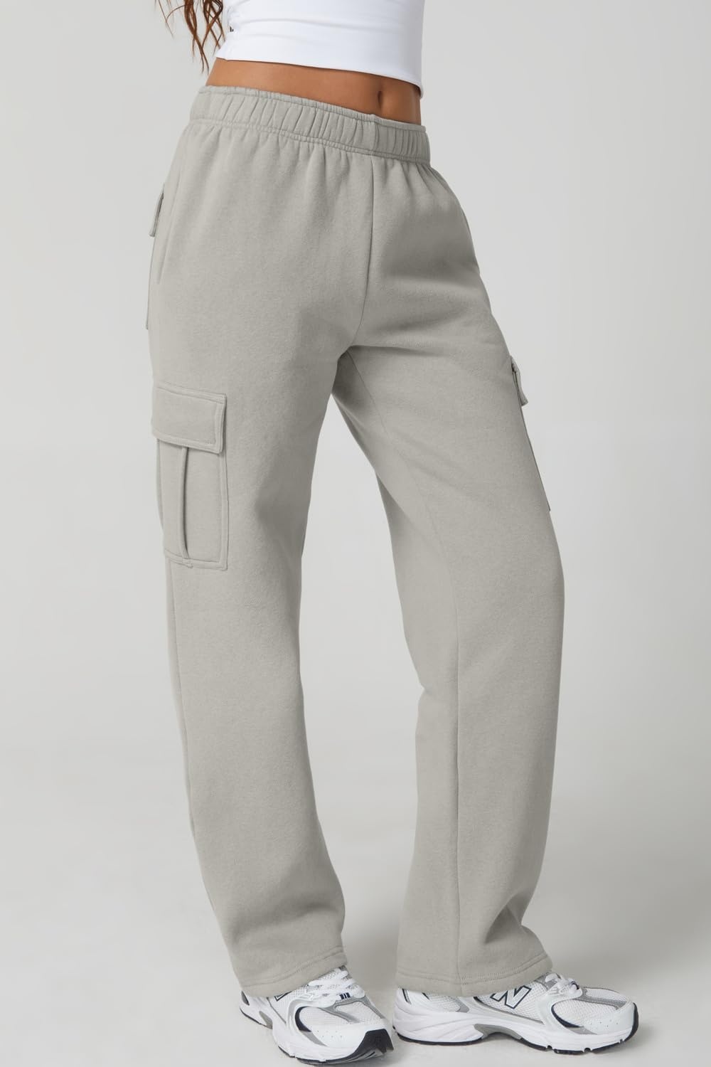 image:imageQINSEN Womens Elastic Medium Waist Pocket Sweatpants Fleece Cargo PantsLight Grey