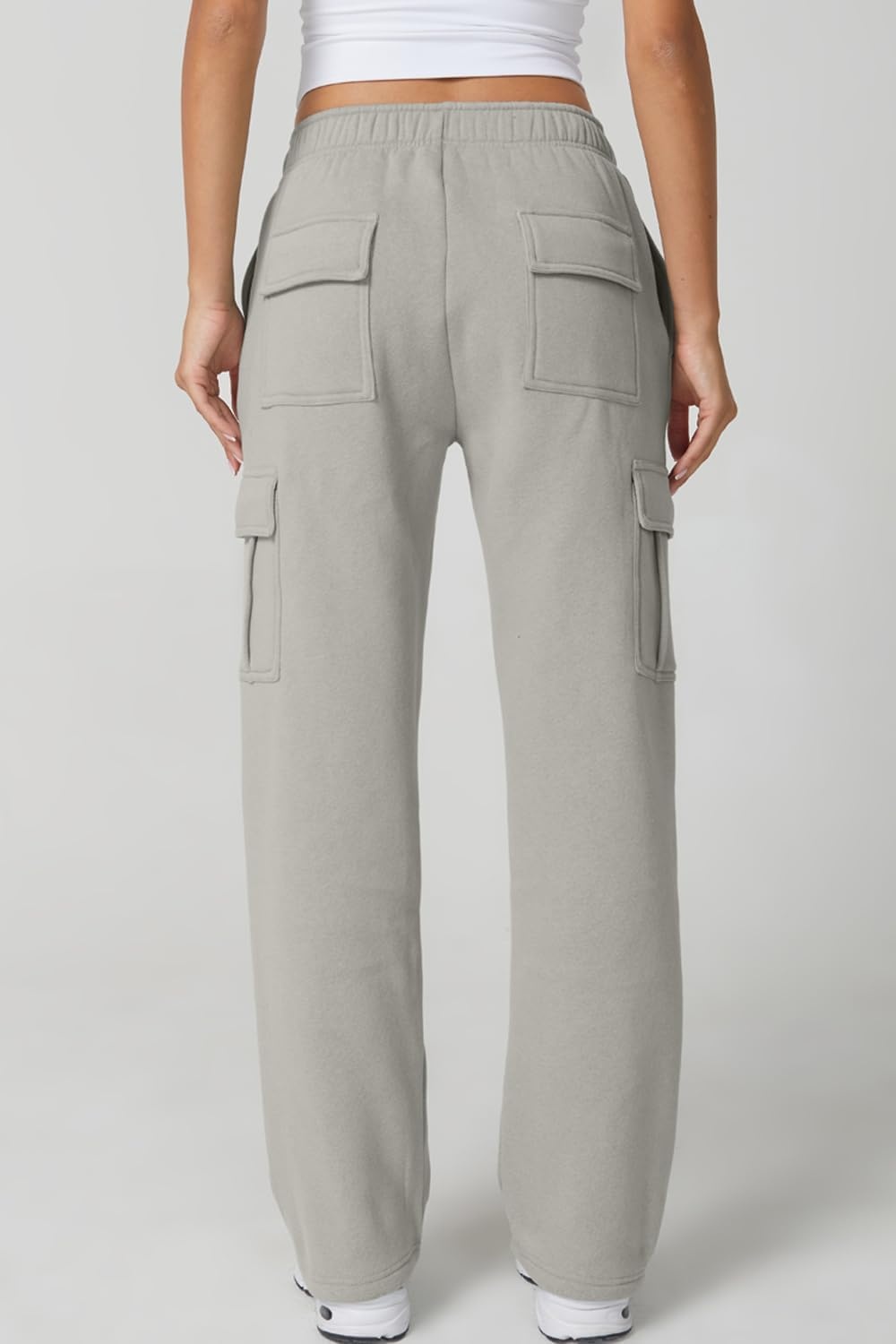 image:imageQINSEN Womens Elastic Medium Waist Pocket Sweatpants Fleece Cargo PantsLight Grey