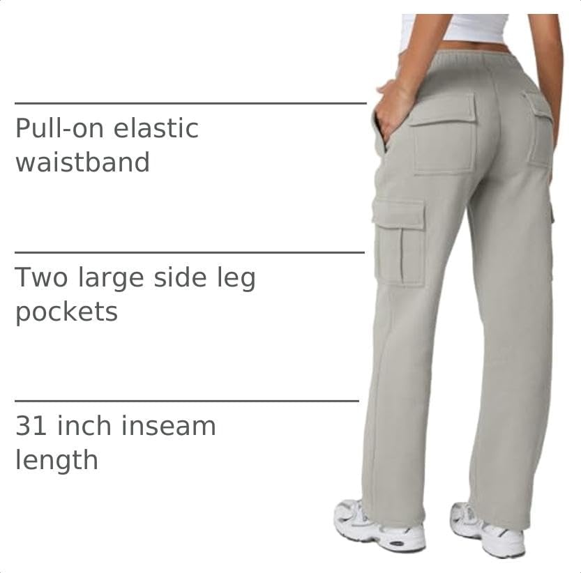 image:imageQINSEN Womens Elastic Medium Waist Pocket Sweatpants Fleece Cargo PantsLight Grey