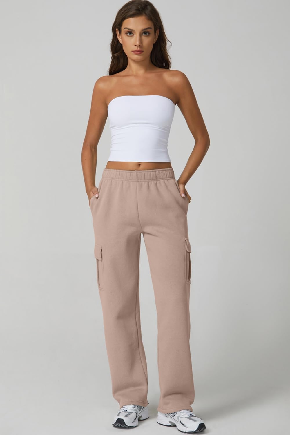 image:imageQINSEN Womens Elastic Medium Waist Pocket Sweatpants Fleece Cargo PantsMushroom