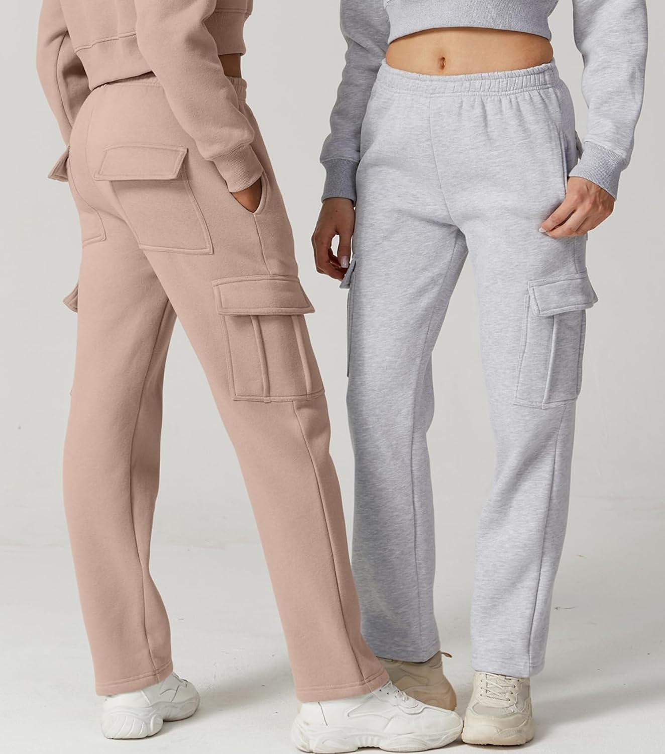 image:imageQINSEN Womens Elastic Medium Waist Pocket Sweatpants Fleece Cargo PantsMushroom