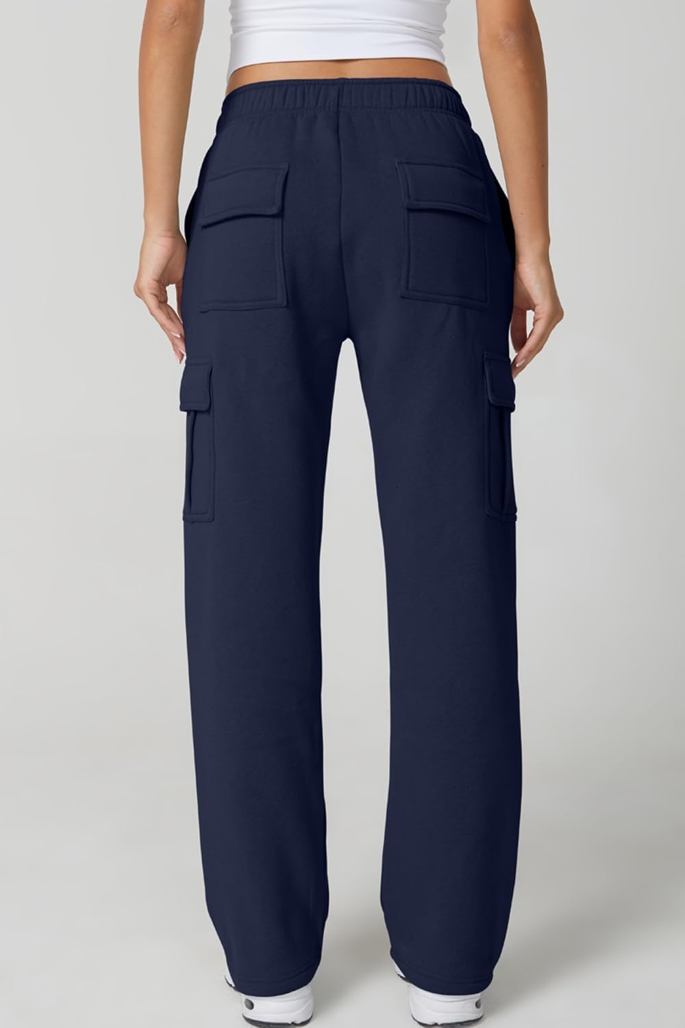 image:imageQINSEN Womens Elastic Medium Waist Pocket Sweatpants Fleece Cargo PantsNavy