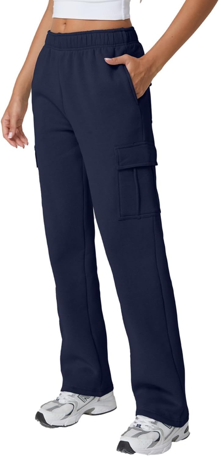image:imageQINSEN Womens Elastic Medium Waist Pocket Sweatpants Fleece Cargo PantsNavy