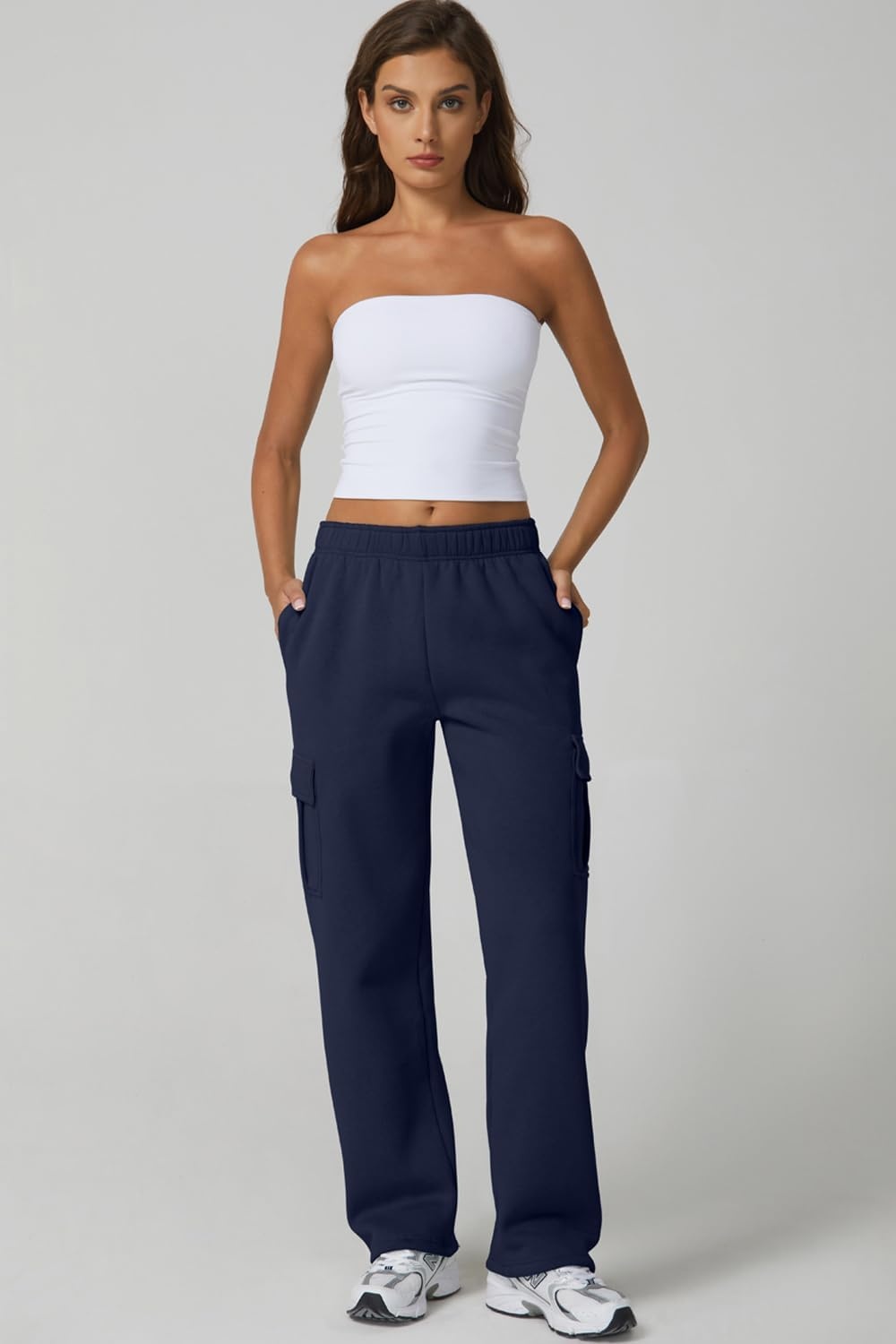 image:imageQINSEN Womens Elastic Medium Waist Pocket Sweatpants Fleece Cargo PantsNavy