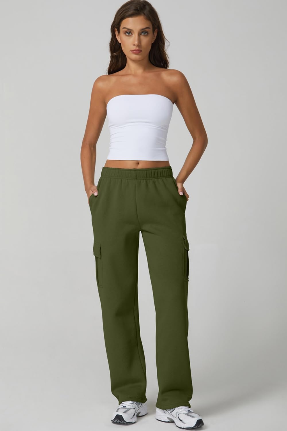 image:imageQINSEN Womens Elastic Medium Waist Pocket Sweatpants Fleece Cargo PantsOlive Green