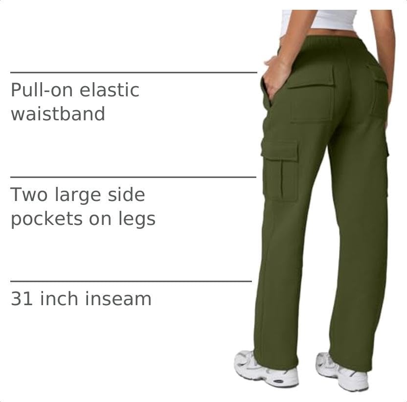 image:imageQINSEN Womens Elastic Medium Waist Pocket Sweatpants Fleece Cargo PantsOlive Green
