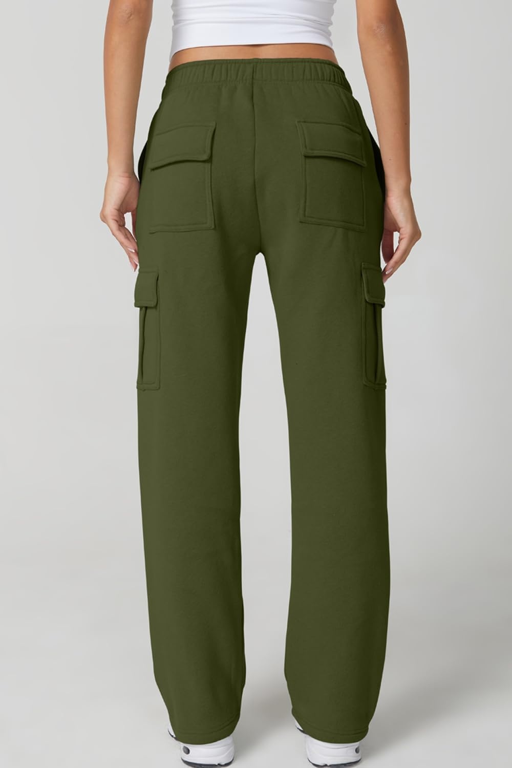image:imageQINSEN Womens Elastic Medium Waist Pocket Sweatpants Fleece Cargo PantsOlive Green