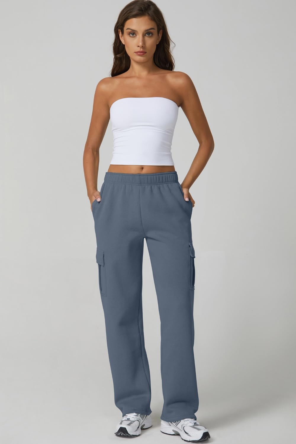 image:imageQINSEN Womens Elastic Medium Waist Pocket Sweatpants Fleece Cargo PantsSlate Blue