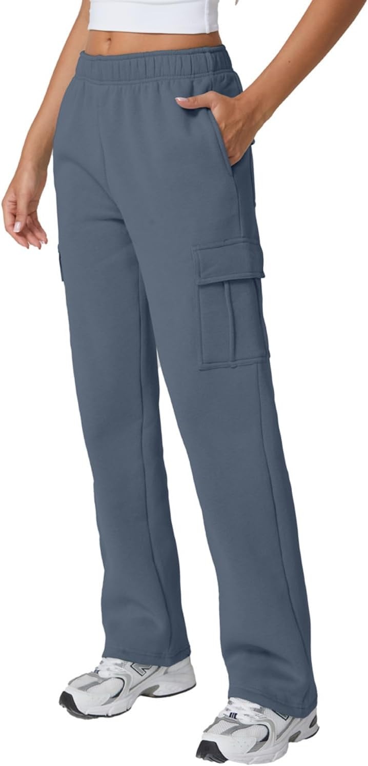 image:imageQINSEN Womens Elastic Medium Waist Pocket Sweatpants Fleece Cargo PantsSlate Blue