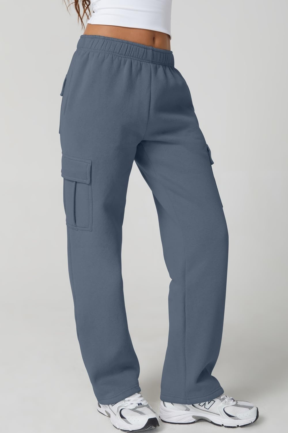 image:imageQINSEN Womens Elastic Medium Waist Pocket Sweatpants Fleece Cargo PantsSlate Blue