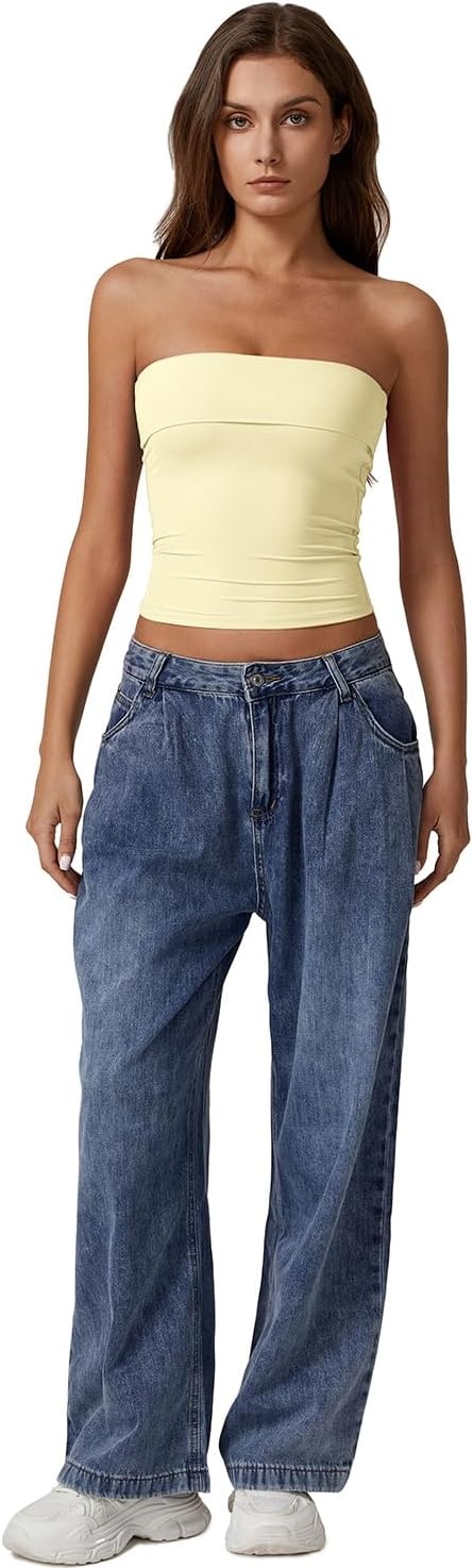 image:imageQINSEN Womens Tube Tops Strapless Bandeau Tops Double Lined Slim Fit Summer Going Out Tank TopsBaby Yellow