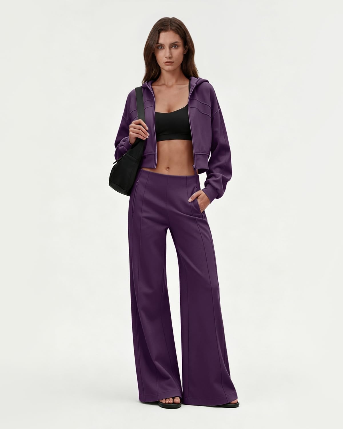 image:imageQINSEN Womens Wide Leg Yoga Pants High Waisted Zipper Pockets Stretchy Palazzo Pants with Drawstring HemPurple