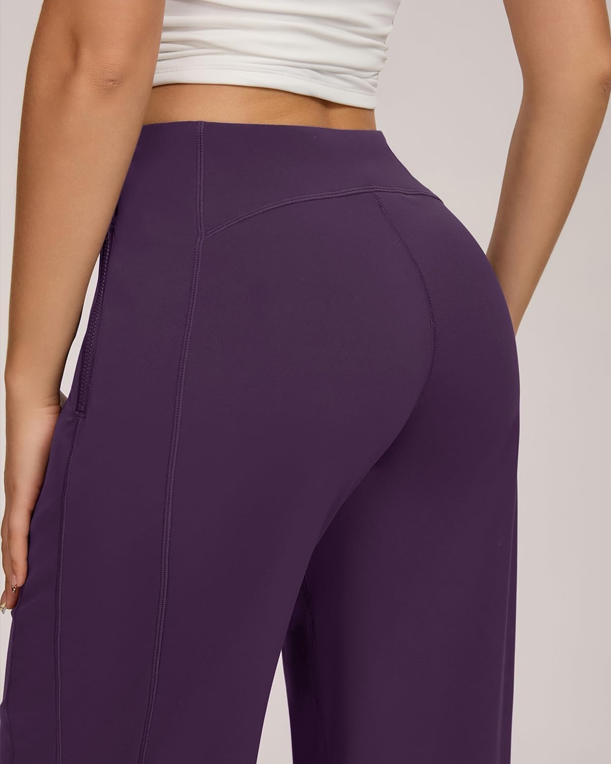 image:imageQINSEN Womens Wide Leg Yoga Pants High Waisted Zipper Pockets Stretchy Palazzo Pants with Drawstring HemPurple