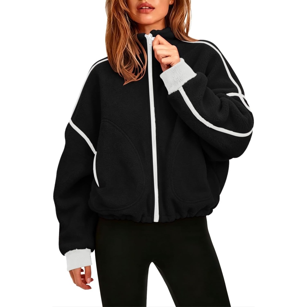 image:imageQINSEN Women Fleece Jacket Cropped FullZip Up Sherpa Jackets Warm Stand Collar Outerwear with PocketsBlack