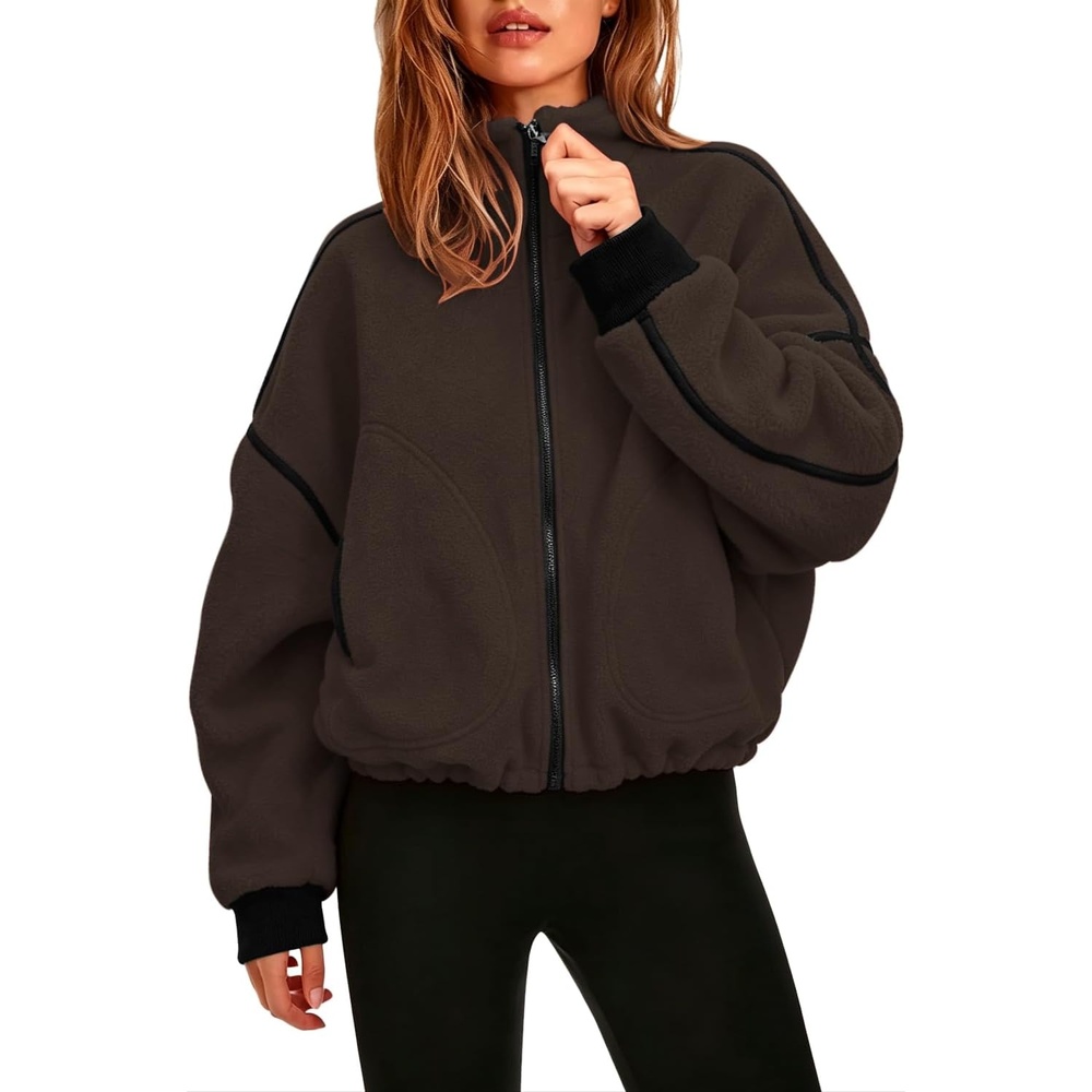 image:imageQINSEN Women Fleece Jacket Cropped FullZip Up Sherpa Jackets Warm Stand Collar Outerwear with PocketsBrown