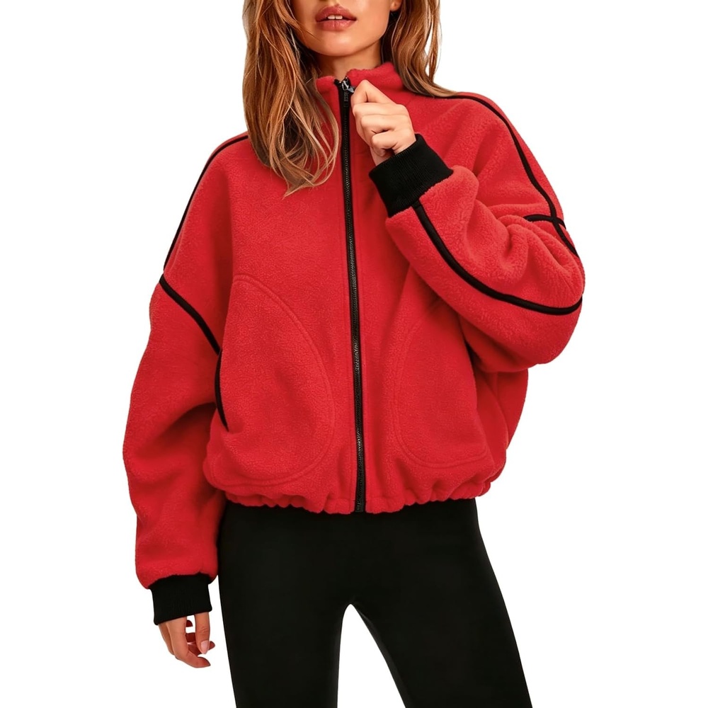 image:imageQINSEN Women Fleece Jacket Cropped FullZip Up Sherpa Jackets Warm Stand Collar Outerwear with PocketsRed
