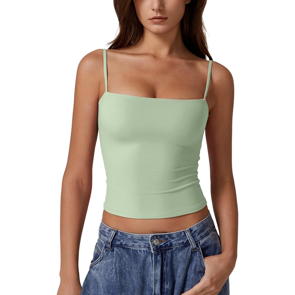 image:imageQINSEN Womens Double Lined Basic Tank Top Adjustable Spaghetti Straps Sleeveless Camisole ShirtsLight Viridian