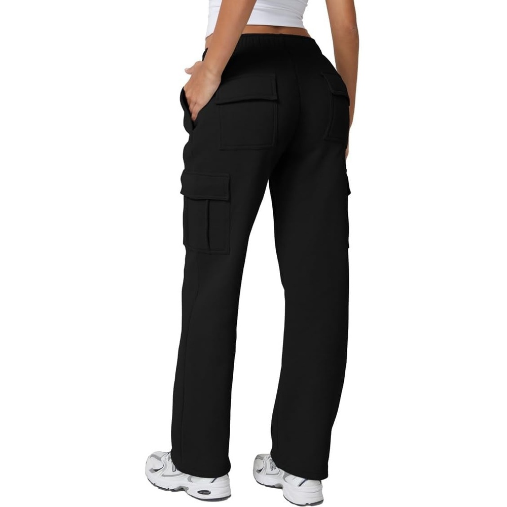 image:imageQINSEN Womens Elastic Medium Waist Pocket Sweatpants Fleece Cargo PantsBlack