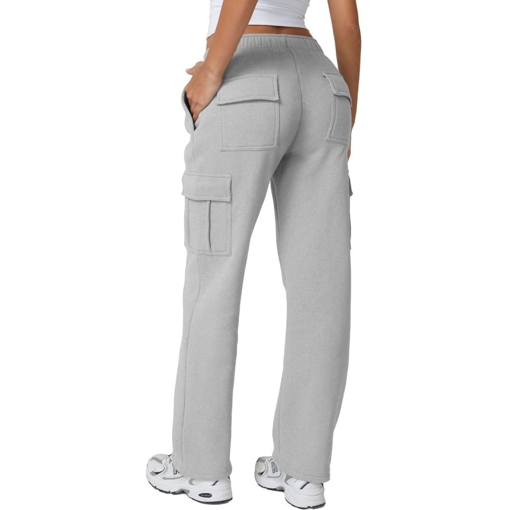 image:imageQINSEN Womens Elastic Medium Waist Pocket Sweatpants Fleece Cargo PantsGrey