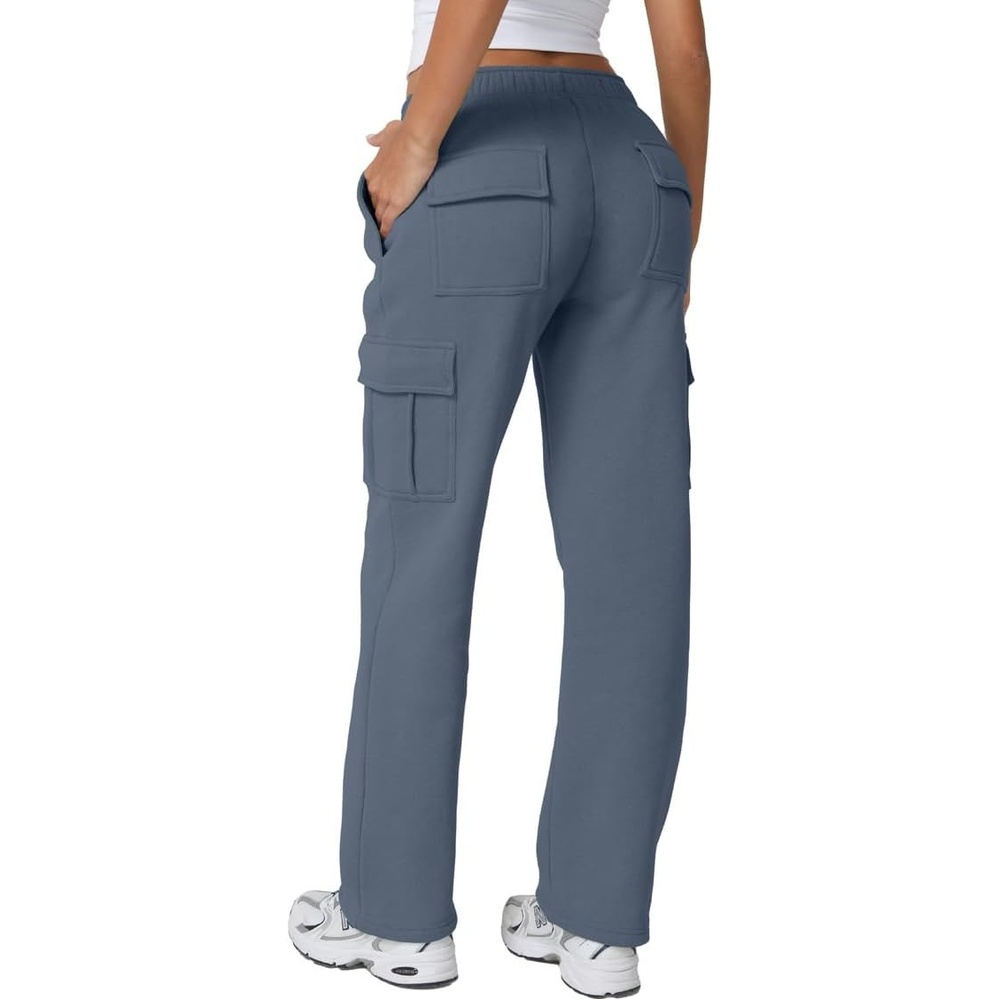 image:imageQINSEN Womens Elastic Medium Waist Pocket Sweatpants Fleece Cargo PantsSlate Blue