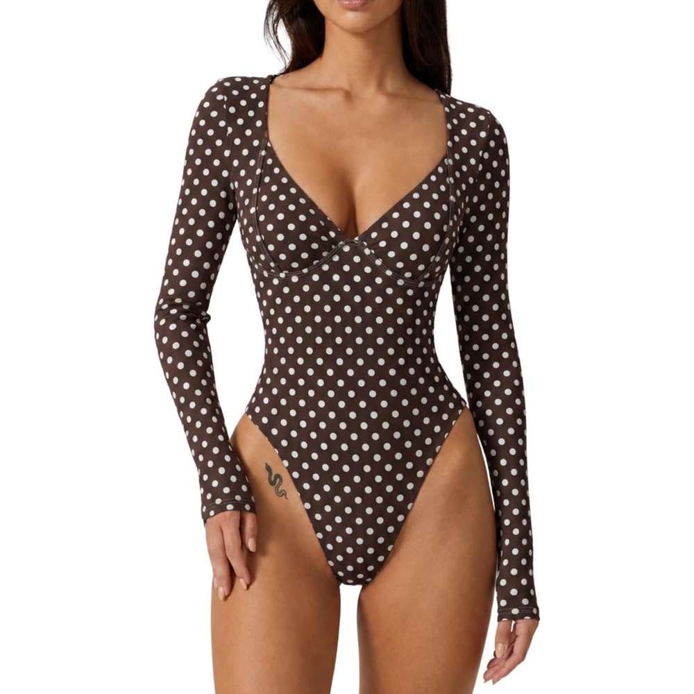 image:imageQINSEN Womens Long Sleeve Bodysuit V Neck Body Suits Seamed Cup Going Out Tops ShirtCoffee Polk Dots