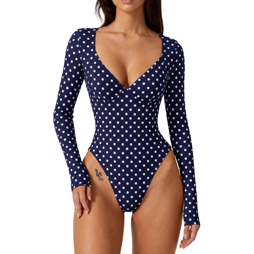 image:imageQINSEN Womens Long Sleeve Bodysuit V Neck Body Suits Seamed Cup Going Out Tops ShirtNavy Polk Dots