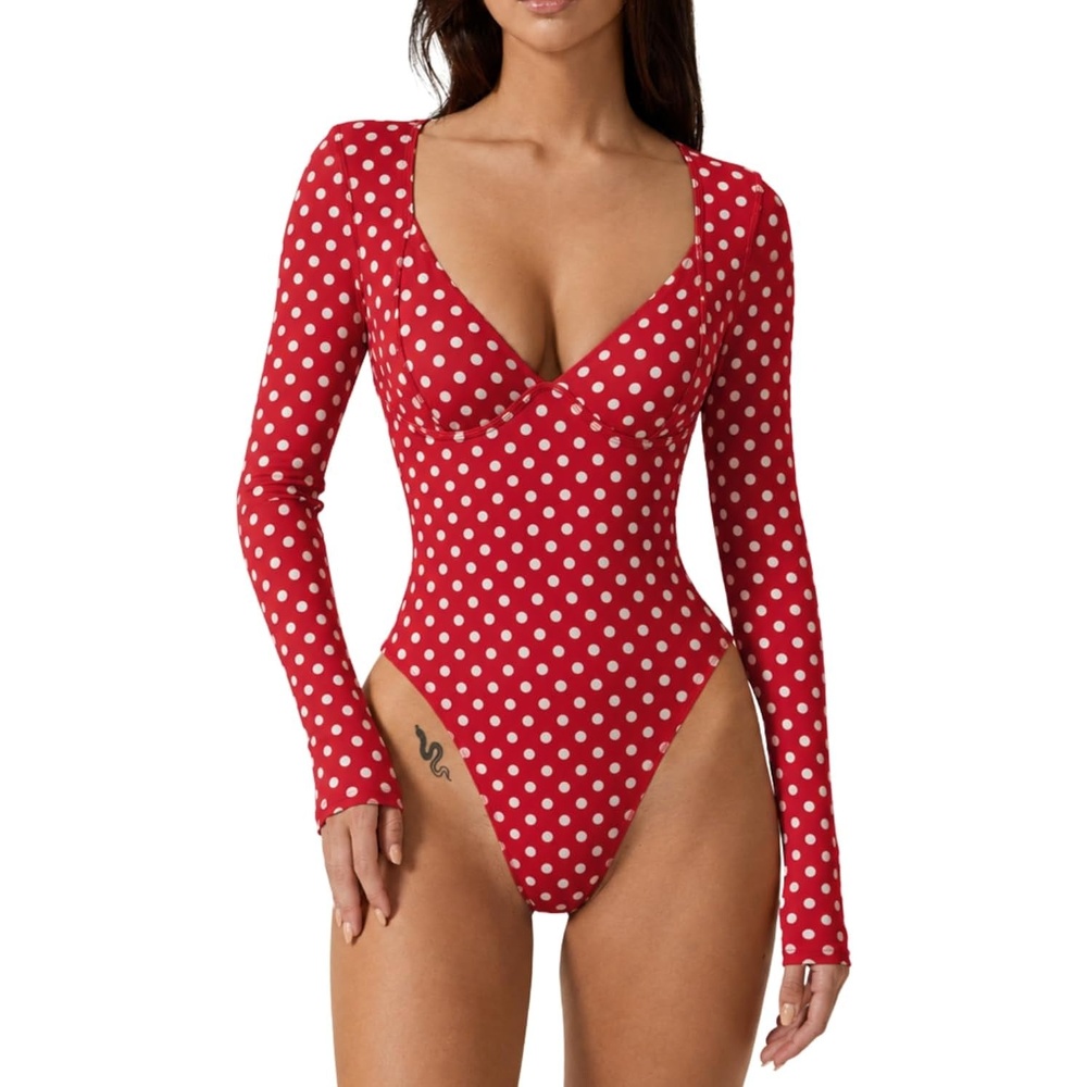 image:imageQINSEN Womens Long Sleeve Bodysuit V Neck Body Suits Seamed Cup Going Out Tops ShirtRed Polk Dots
