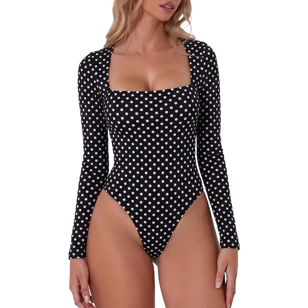 image:imageQINSEN Womens Sexy Square Neck Bodysuit Long Sleeve Double Lined Shirt TopsBlack Polk Dots