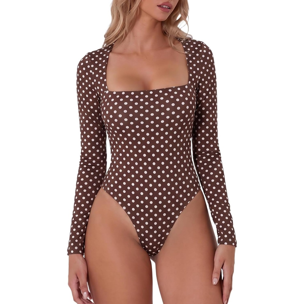 image:imageQINSEN Womens Sexy Square Neck Bodysuit Long Sleeve Double Lined Shirt TopsCoffee Polk Dots