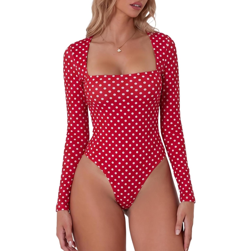 image:imageQINSEN Womens Sexy Square Neck Bodysuit Long Sleeve Double Lined Shirt TopsRed Polk Dots