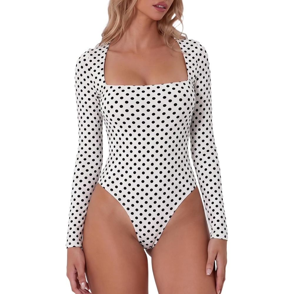 image:imageQINSEN Womens Sexy Square Neck Bodysuit Long Sleeve Double Lined Shirt TopsWhite Polk Dots